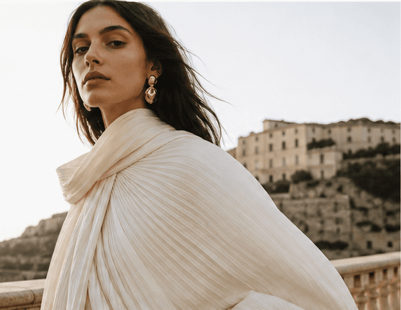 Fashion portrait overlooking a sun-washed Mediterranean coastline.